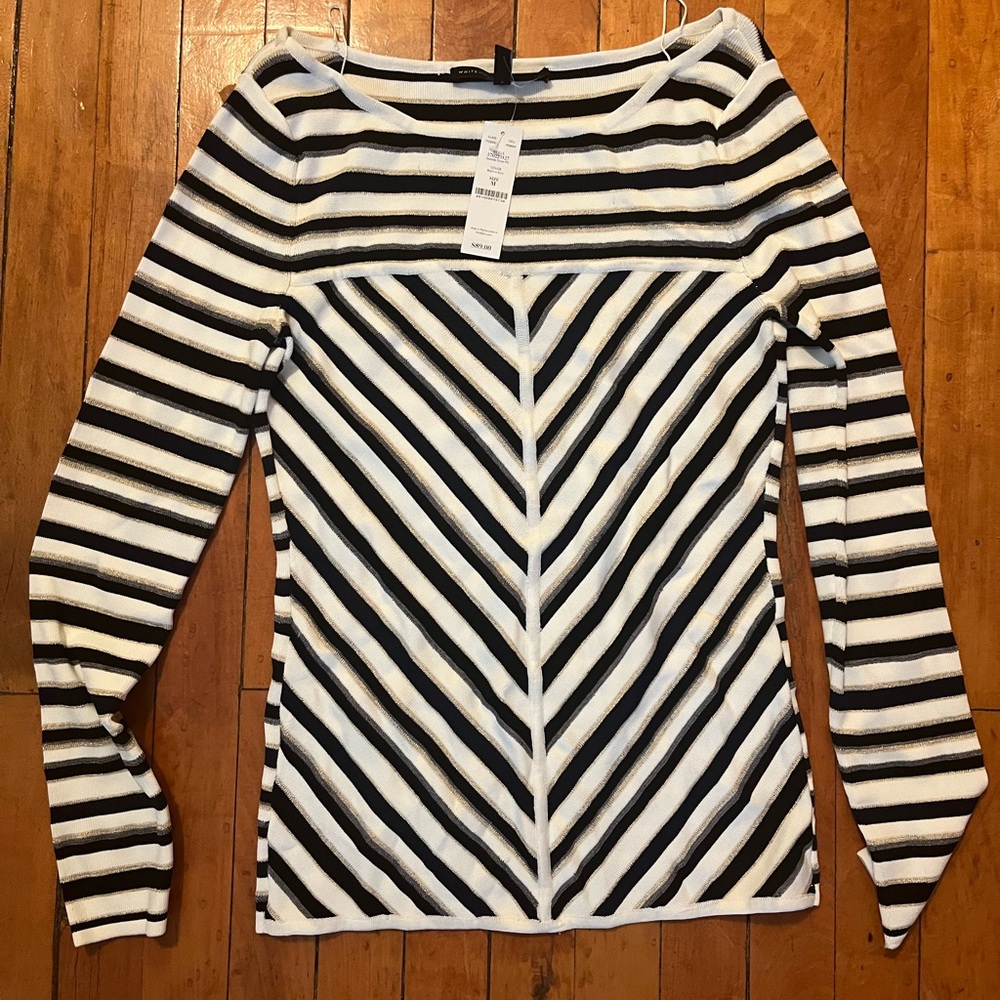 White House Black Market Black and White Fitted Long Sleeve Crew Neck Blouse